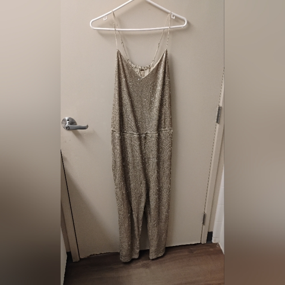 Free People Womens Sequin Pantsuit Jumpsuit Adjustable Waist Sz L